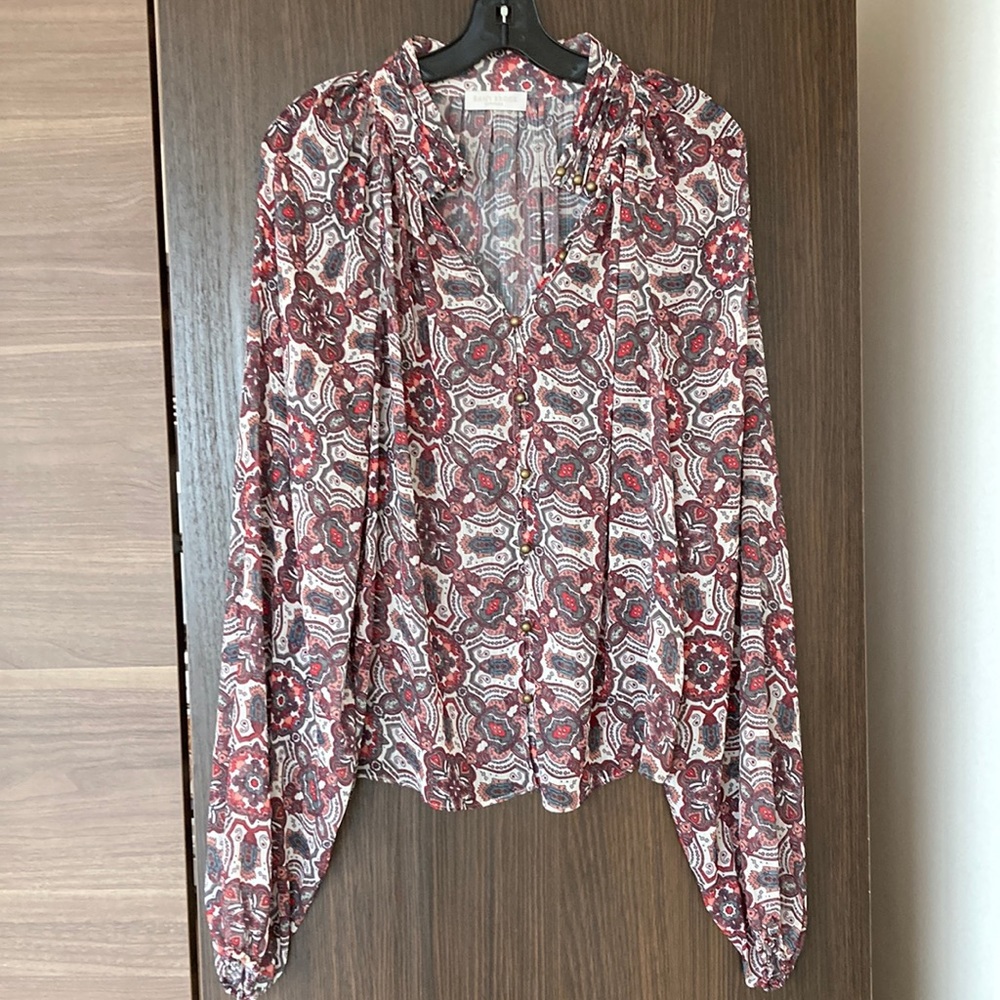 Ramy Brook Long Sleeve blouse, button front, paisley, pleated collar, sheer